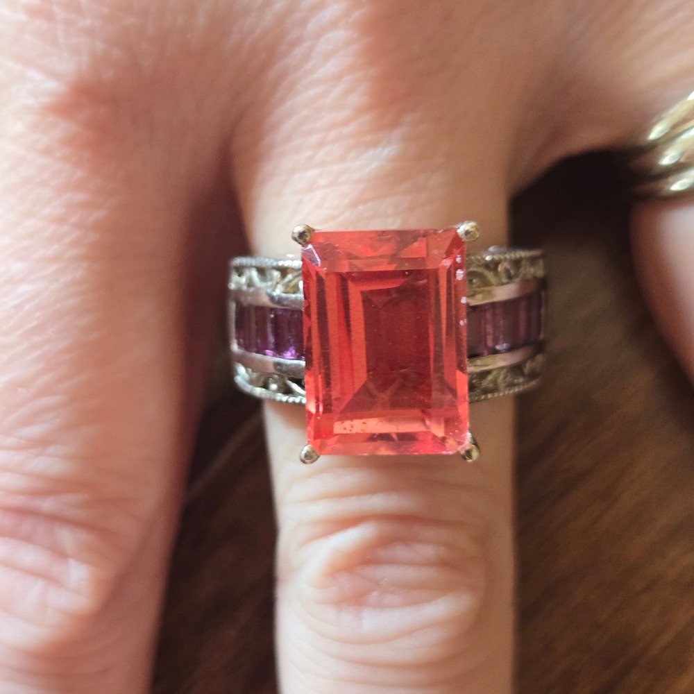 Sterling Silver 925 Pink Emerald Cut Statement Ring Purple Baguette Filigree 7